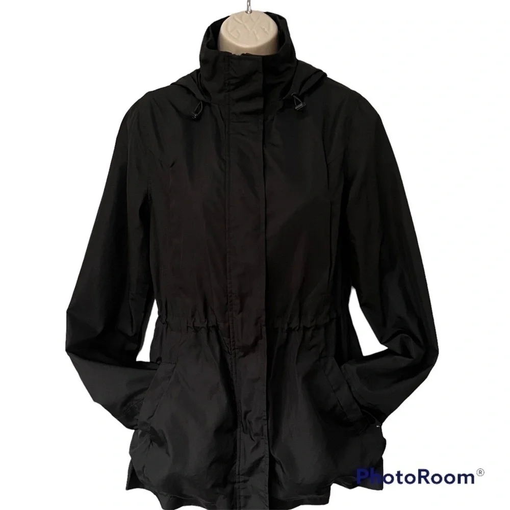 A New Day black mid length zipper snap hoodie windbreaker pockets cinch waist XS